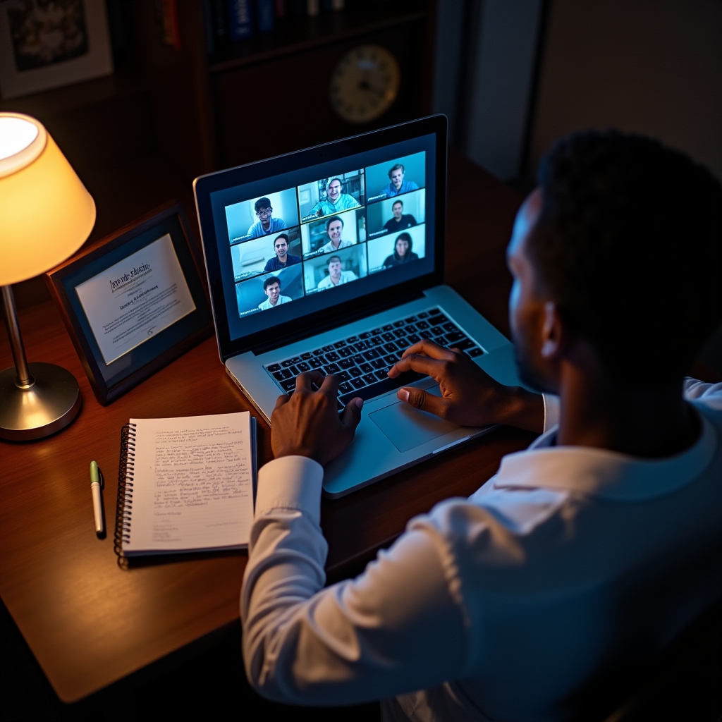 Manažer sleduje středeční večerní online lekci na notebooku v domácí pracovně
