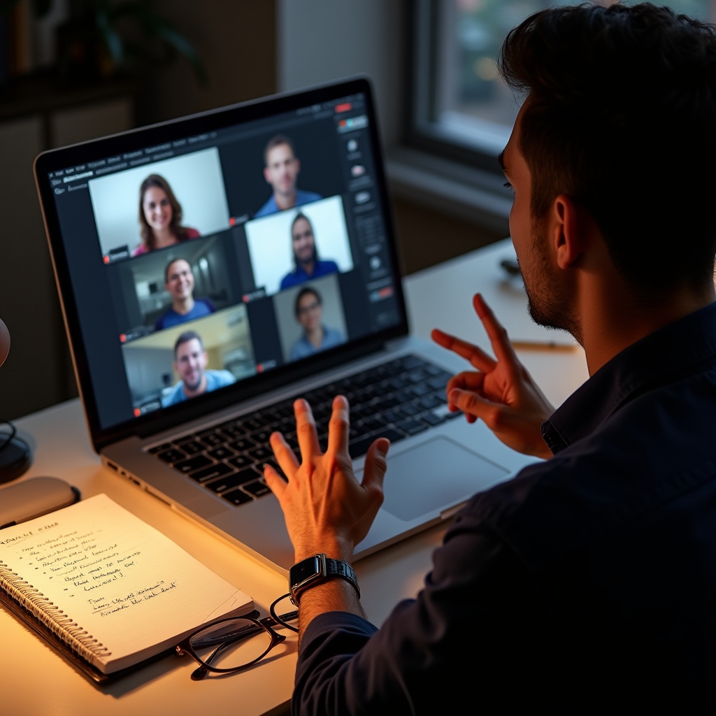 Pohled shora na notebook s malou skupinou účastníků video hovoru během online lekce